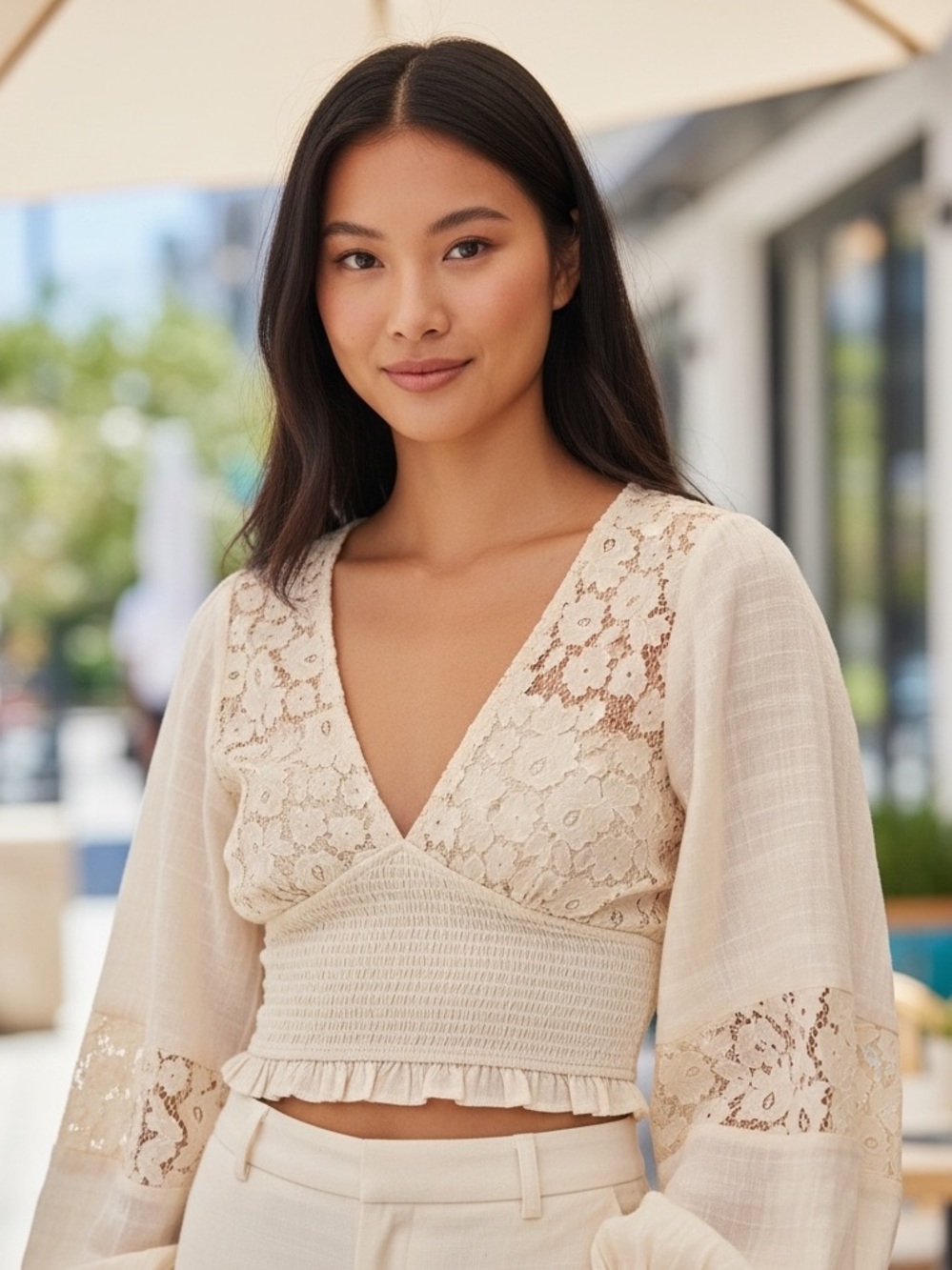 Lace-Detail V-Neck Peplum Crop Top - Cream